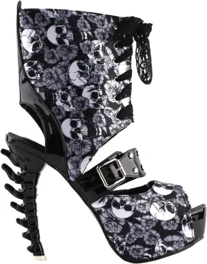 SHOW STORY Punk Skull Rose Print Stud Buckle Lace-UpPlatform Bone Heel Club Ankle Bootie Sandals,LF80663