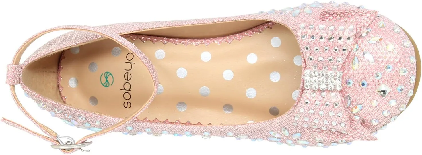 SOBEYO Girl's Dress Shoes Glitter Rhinestone Bow Accent Mary Jane Kids Pumps