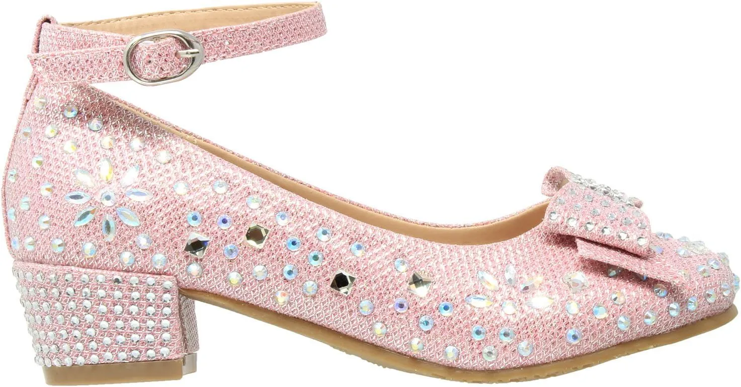 SOBEYO Girl's Dress Shoes Glitter Rhinestone Bow Accent Mary Jane Kids Pumps