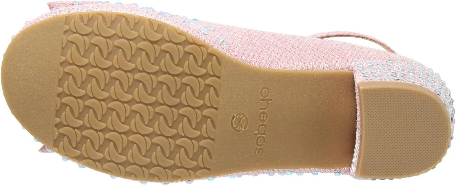 SOBEYO Girl's Dress Shoes Glitter Rhinestone Bow Accent Mary Jane Kids Pumps