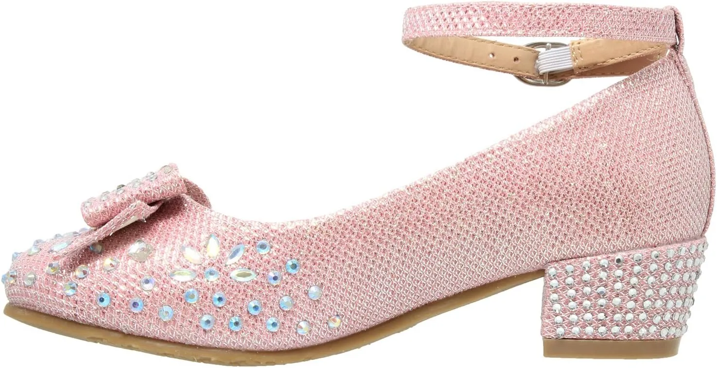 SOBEYO Girl's Dress Shoes Glitter Rhinestone Bow Accent Mary Jane Kids Pumps