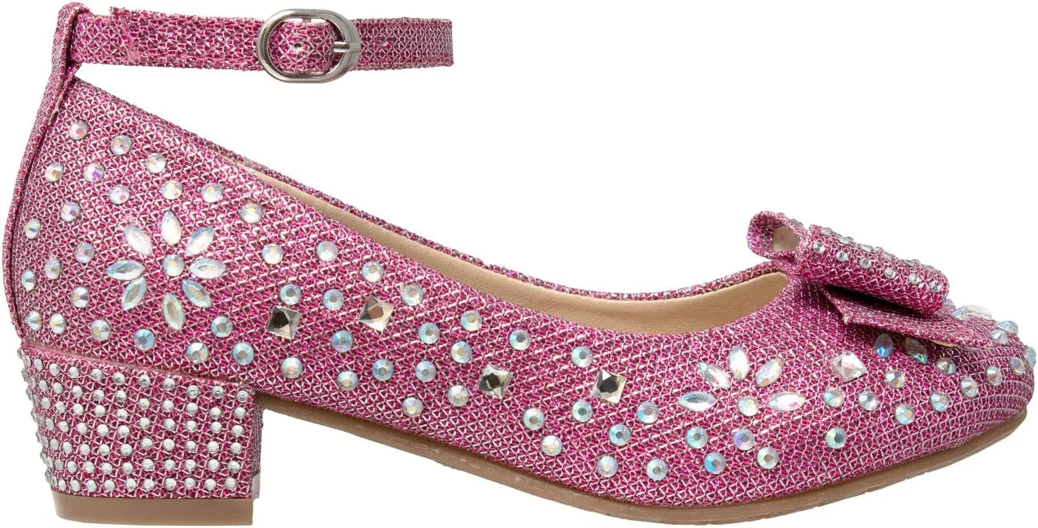 SOBEYO Girl's Dress Shoes Glitter Rhinestone Bow Accent Mary Jane Kids Pumps