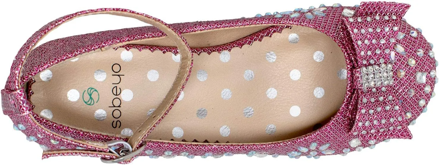 SOBEYO Girl's Dress Shoes Glitter Rhinestone Bow Accent Mary Jane Kids Pumps