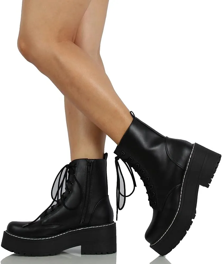 Soda Women's Lace Up Combat High Platform Ankle Boot