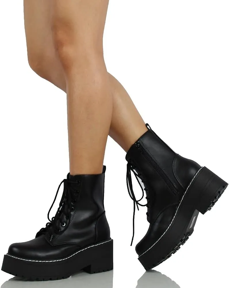 Soda Women's Lace Up Combat High Platform Ankle Boot