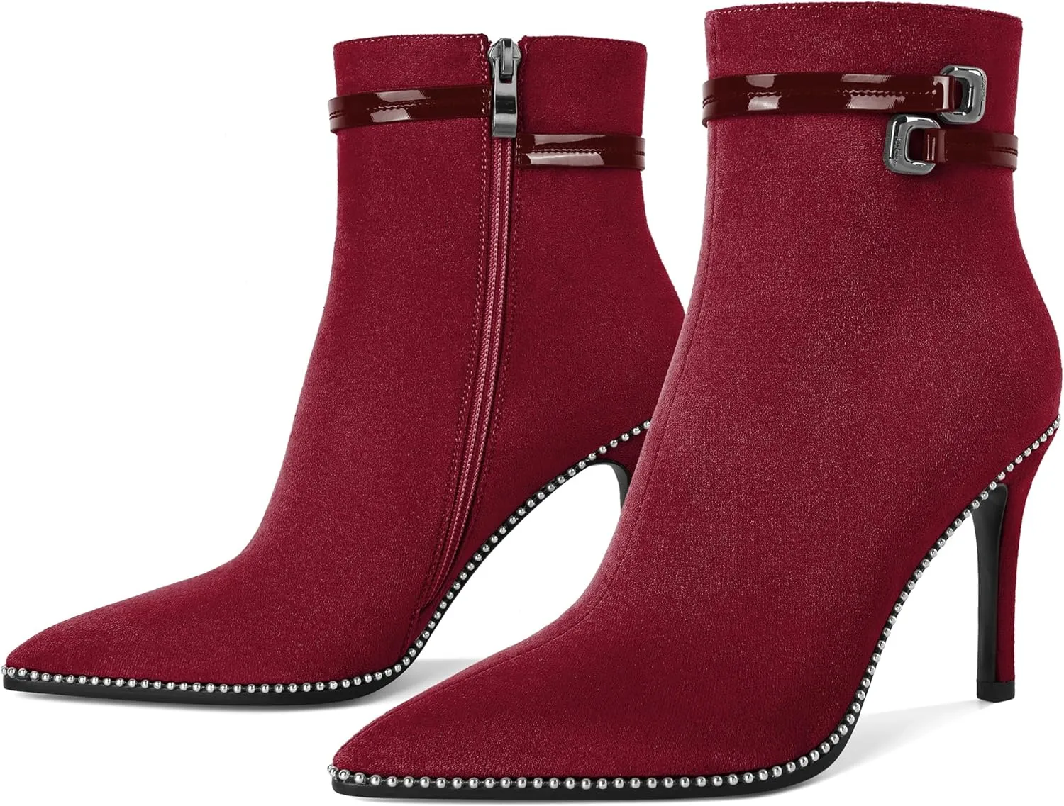 Soireelady Womens Ankle Boots Pointed Toe Thin High Heel Boots Beaded Stilettos Booties Short Boots with Metal Buckle Side Zipper Boot 4 Inch