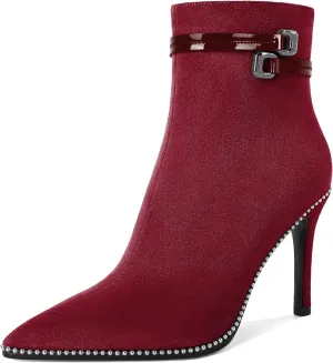 Soireelady Womens Ankle Boots Pointed Toe Thin High Heel Boots Beaded Stilettos Booties Short Boots with Metal Buckle Side Zipper Boot 4 Inch
