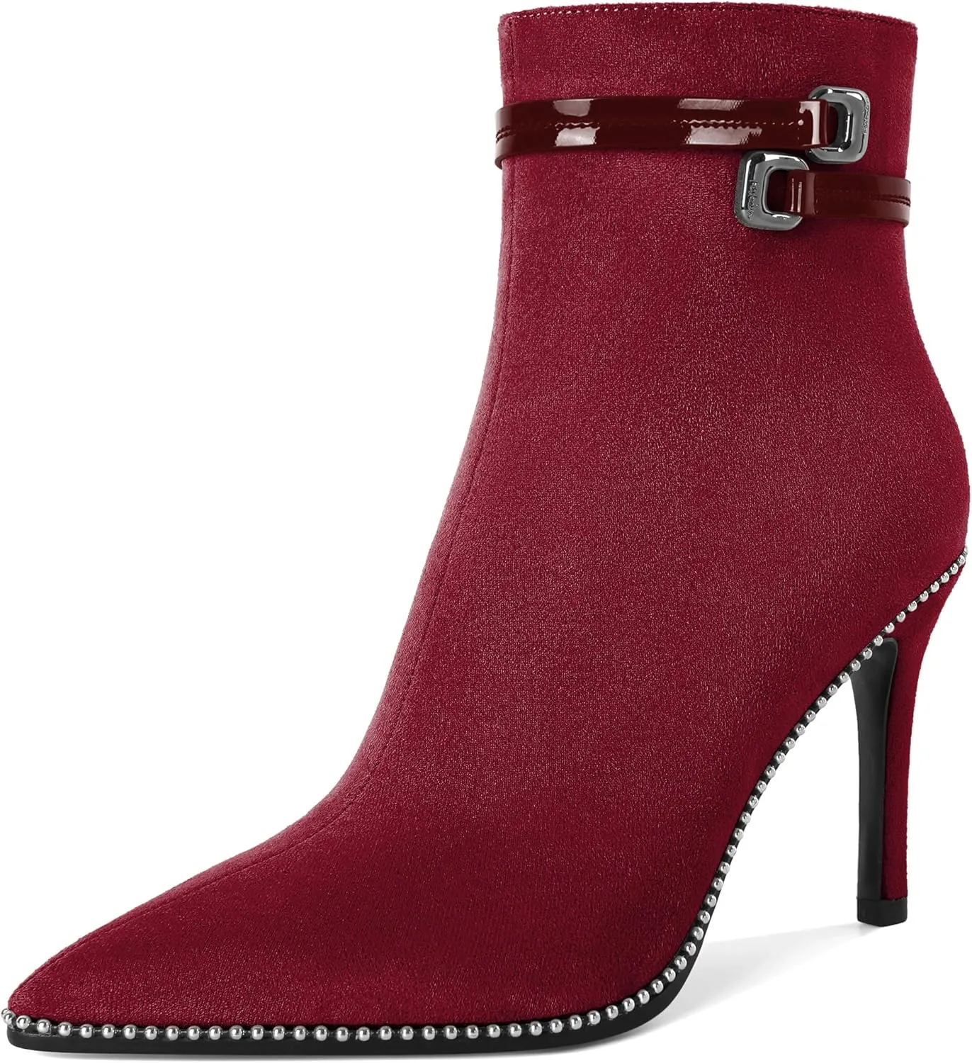 Soireelady Womens Ankle Boots Pointed Toe Thin High Heel Boots Beaded Stilettos Booties Short Boots with Metal Buckle Side Zipper Boot 4 Inch