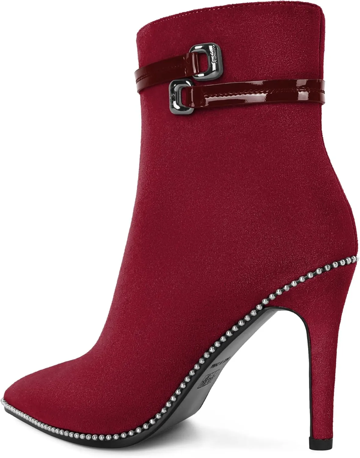 Soireelady Womens Ankle Boots Pointed Toe Thin High Heel Boots Beaded Stilettos Booties Short Boots with Metal Buckle Side Zipper Boot 4 Inch