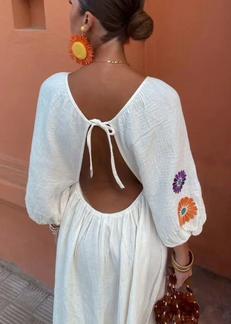 Solana Embroidered Maxi Dress – Boho Open-Back with Balloon Sleeves