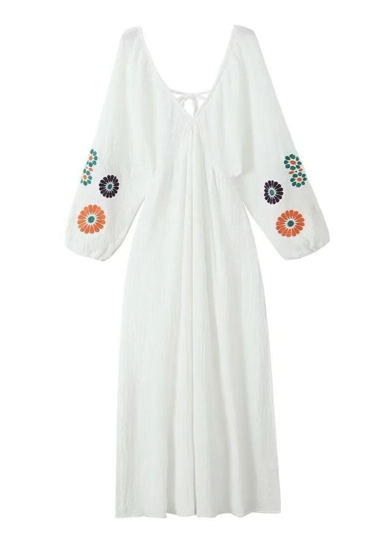 Solana Embroidered Maxi Dress – Boho Open-Back with Balloon Sleeves