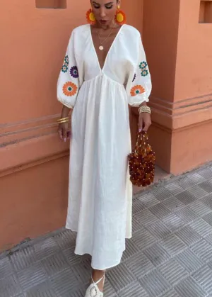 Solana Embroidered Maxi Dress – Boho Open-Back with Balloon Sleeves