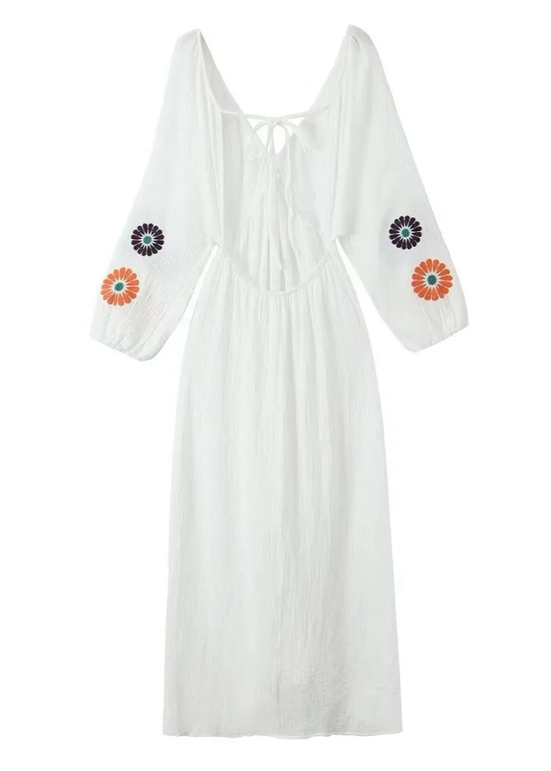 Solana Embroidered Maxi Dress – Boho Open-Back with Balloon Sleeves