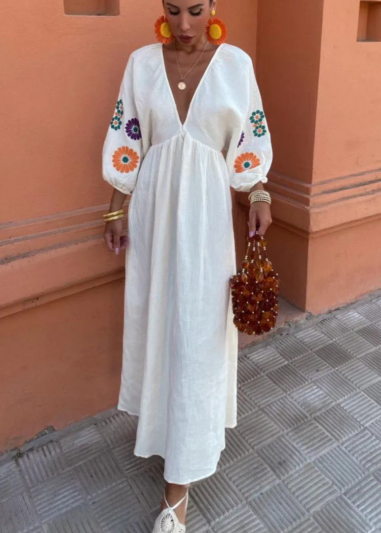 Solana Embroidered Maxi Dress – Boho Open-Back with Balloon Sleeves