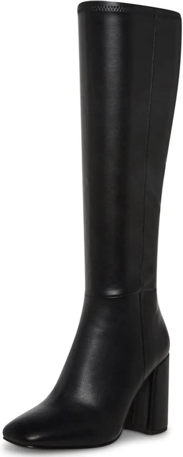 SOVANYOU Women's Faux Leather Tall Boots Fashion Square Toe Chunky Heel Knee High Boots with Side Zip