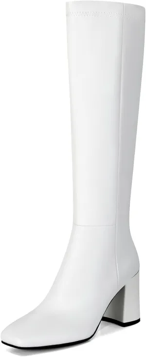 SOVANYOU Women's Faux Leather Tall Boots Fashion Square Toe Chunky Heel Knee High Boots with Side Zip