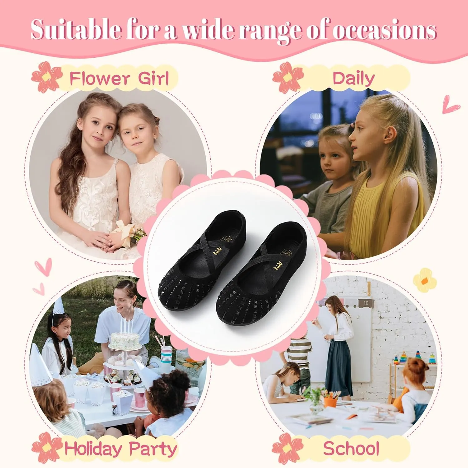 Sparkly Mary Jane Flats for Girls - Non-Slip Ballet Shoes with Rhinestones | Toddler Dress Shoes for Weddings, Parties, School (Breathable & Comfortable)