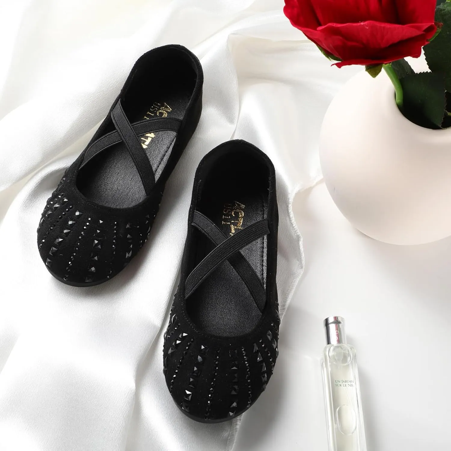 Sparkly Mary Jane Flats for Girls - Non-Slip Ballet Shoes with Rhinestones | Toddler Dress Shoes for Weddings, Parties, School (Breathable & Comfortable)