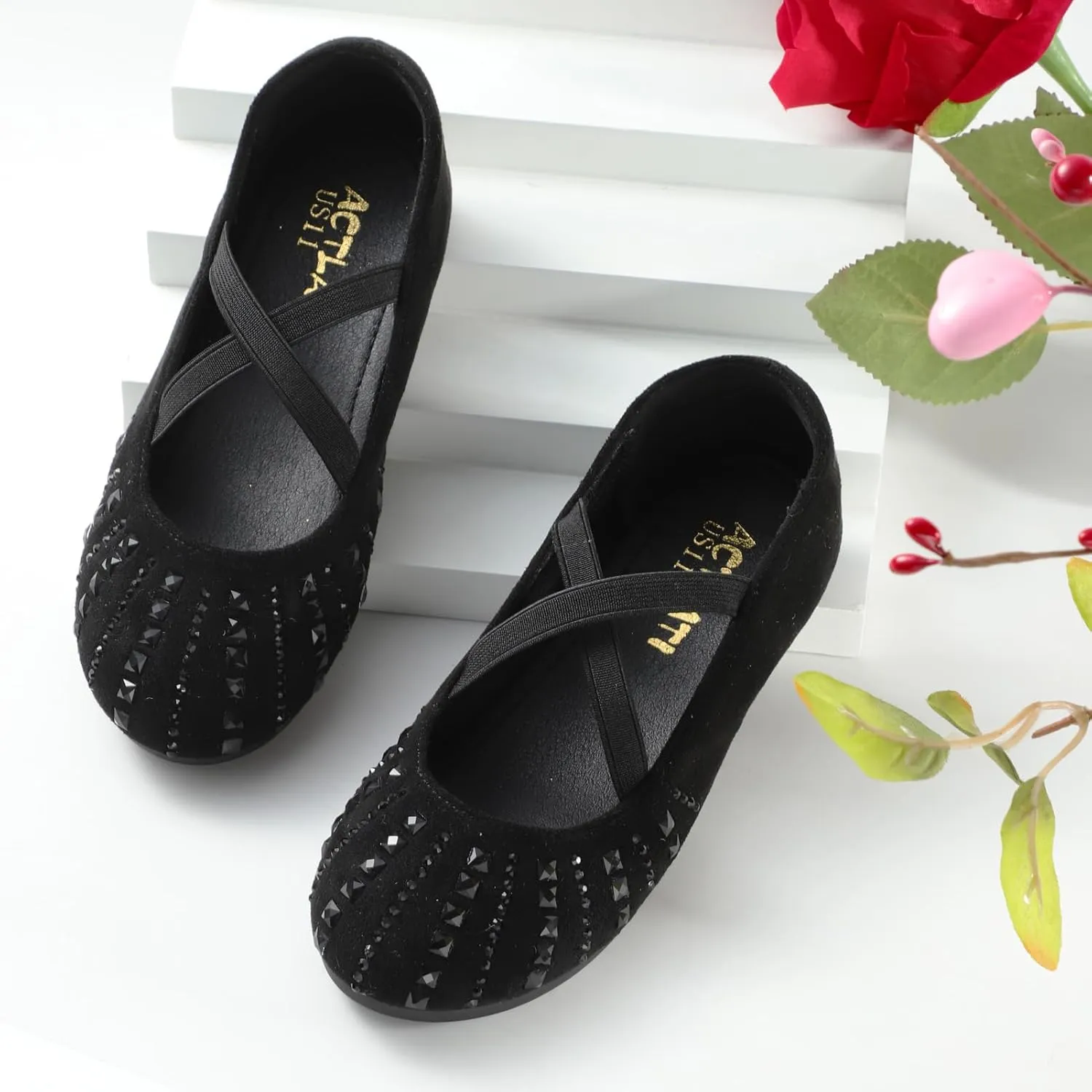 Sparkly Mary Jane Flats for Girls - Non-Slip Ballet Shoes with Rhinestones | Toddler Dress Shoes for Weddings, Parties, School (Breathable & Comfortable)