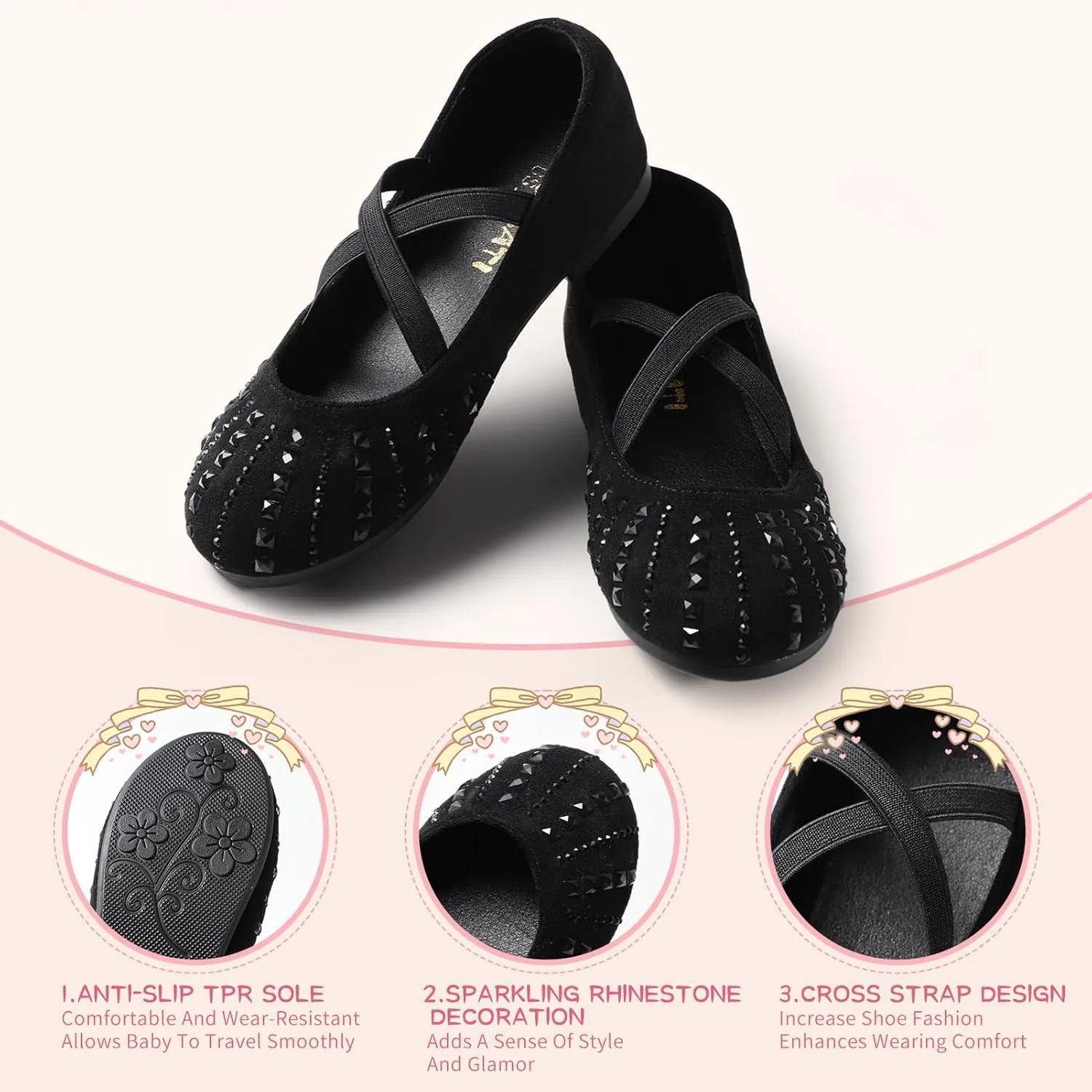 Sparkly Mary Jane Flats for Girls - Non-Slip Ballet Shoes with Rhinestones | Toddler Dress Shoes for Weddings, Parties, School (Breathable & Comfortable)
