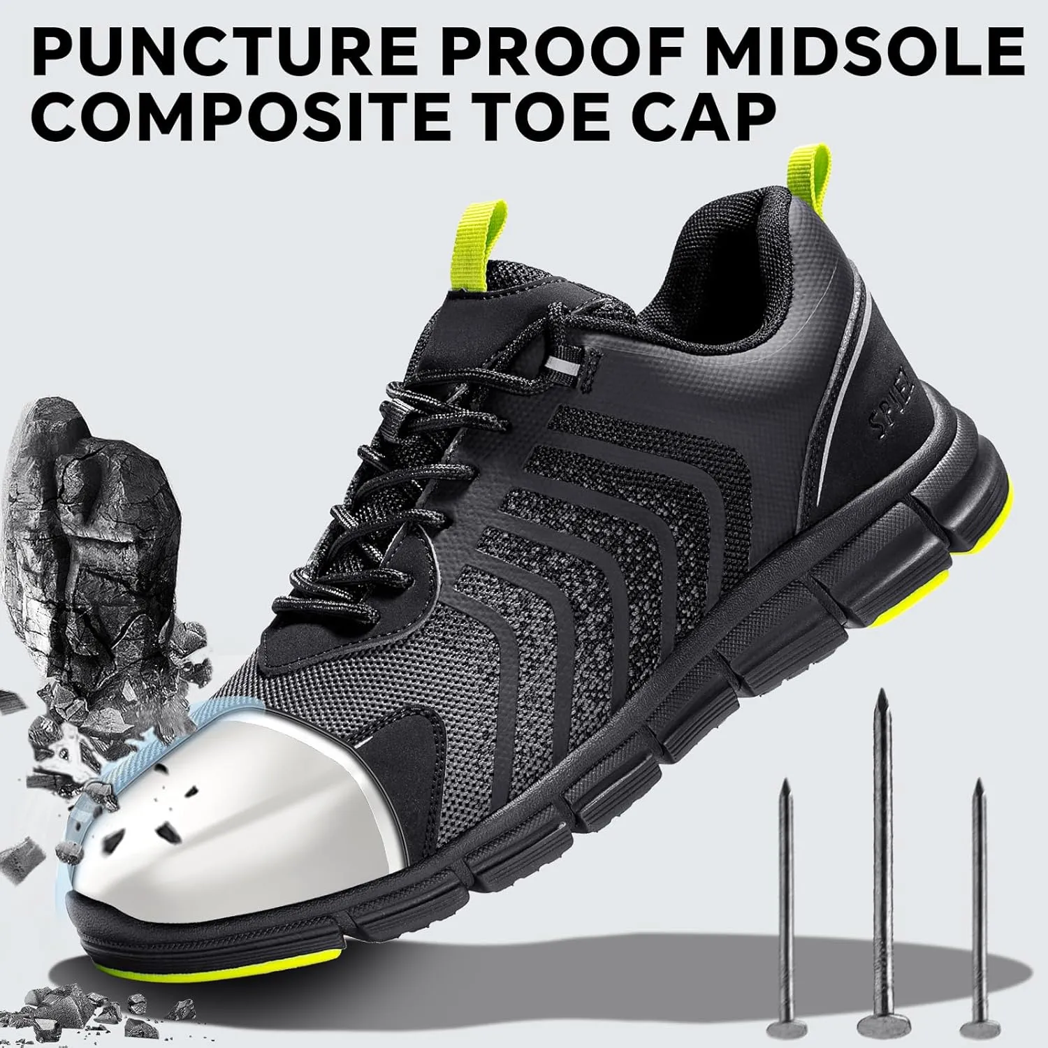SPIEZ Men's Safety Shoes, Composite Toe, Non-Slip, Puncture-Proof, Lightweight & Breathable Work Sneakers, Black (US 7.5-12)
