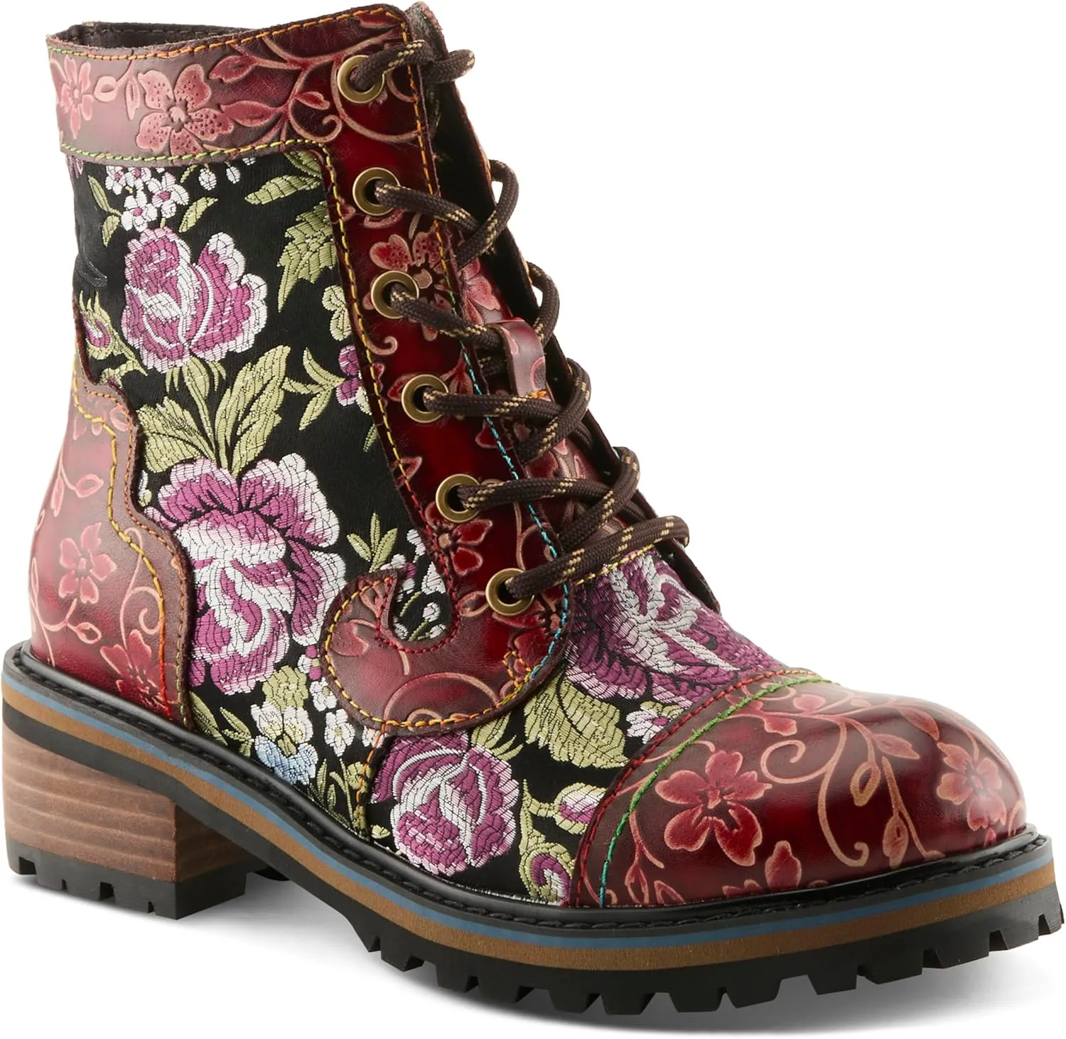 Spring Step L'Artiste Fantastic Booties for Women - Floral Hand Painted Womens Ankle Boots Low Heel - Everyday Wear Leather and Textile Western Booties