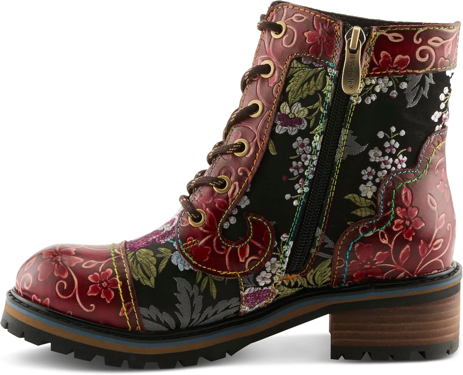 Spring Step L'Artiste Fantastic Booties for Women - Floral Hand Painted Womens Ankle Boots Low Heel - Everyday Wear Leather and Textile Western Booties