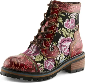 Spring Step L'Artiste Fantastic Booties for Women - Floral Hand Painted Womens Ankle Boots Low Heel - Everyday Wear Leather and Textile Western Booties