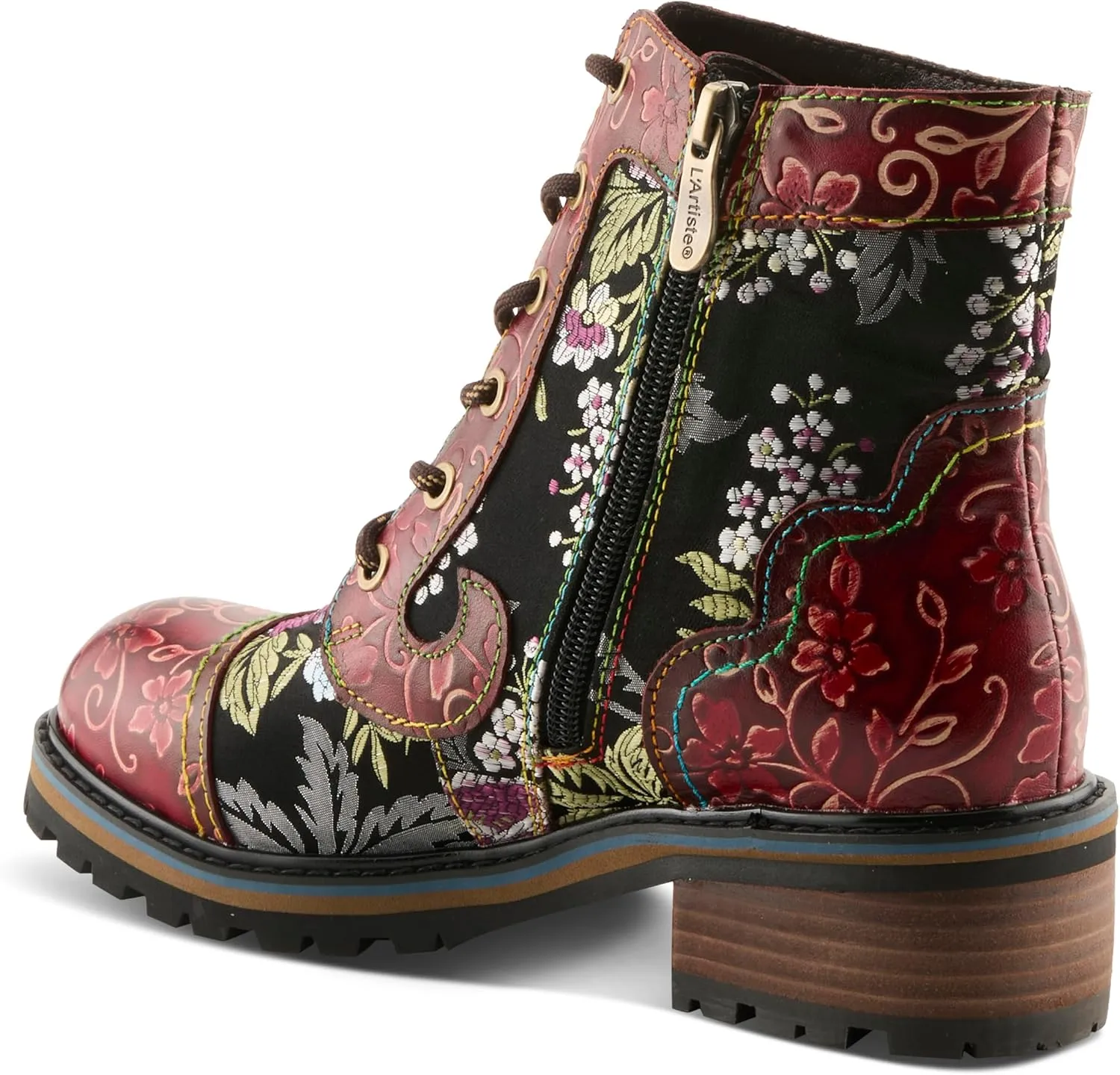 Spring Step L'Artiste Fantastic Booties for Women - Floral Hand Painted Womens Ankle Boots Low Heel - Everyday Wear Leather and Textile Western Booties