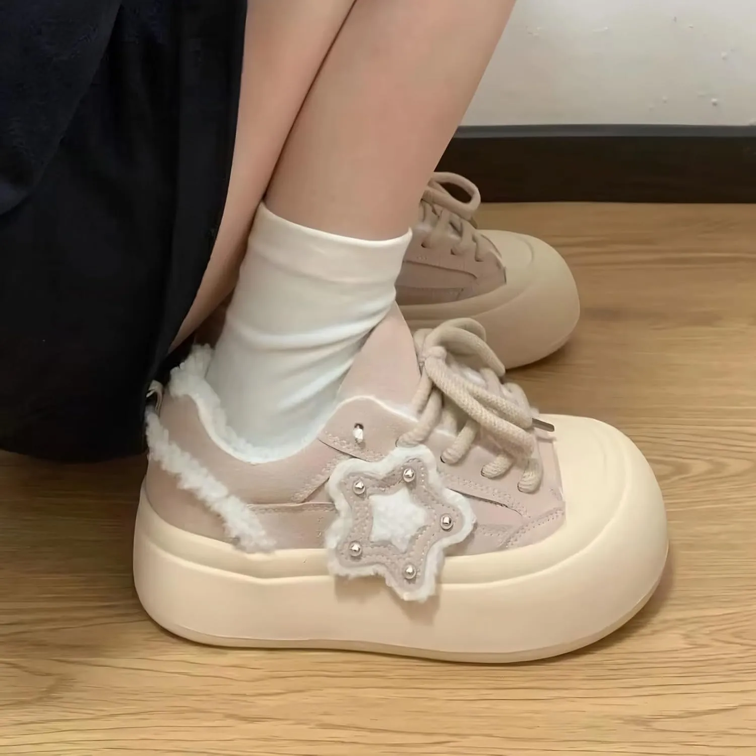Star Shoes Walking Sneakers for Women Chunky Whimsical Stars Trendy Playful Premium Fabric Anti-Collision Toe Comfort Insole Non-Slip Sole 7 Colors US4-8