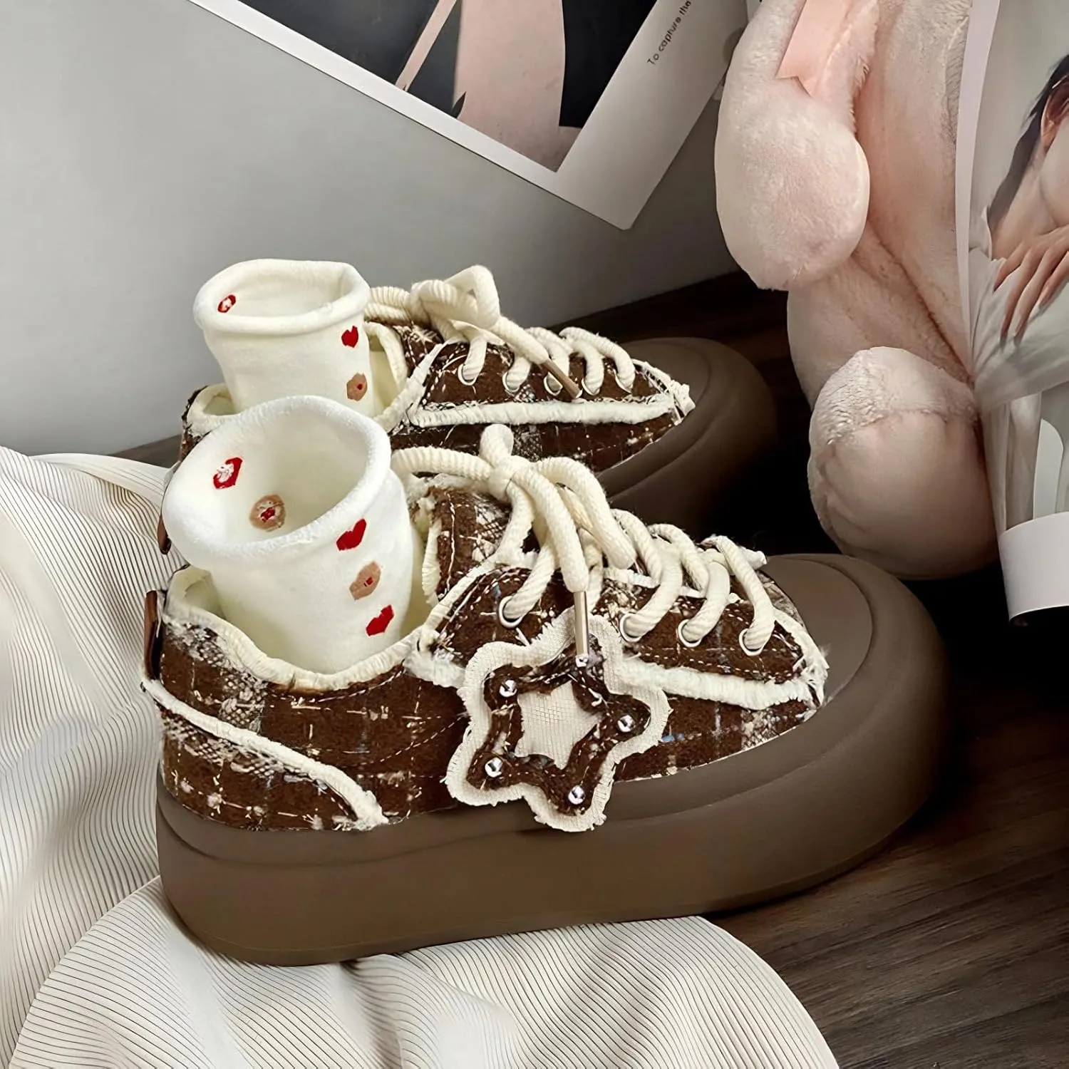 Star Shoes Walking Sneakers for Women Chunky Whimsical Stars Trendy Playful Premium Fabric Anti-Collision Toe Comfort Insole Non-Slip Sole 7 Colors US4-8