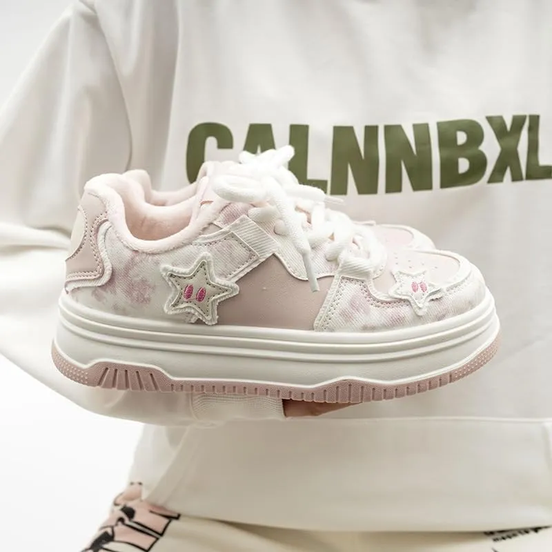 Star Shoes Walking Sneakers for Women Pink Fuzzy Lined Platform Low Top Round Toe Sneakers with Cute Plush Pink Stars US5.5-8