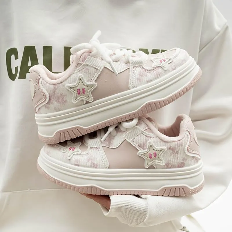 Star Shoes Walking Sneakers for Women Pink Fuzzy Lined Platform Low Top Round Toe Sneakers with Cute Plush Pink Stars US5.5-8