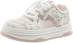 Star Shoes Walking Sneakers for Women Pink Fuzzy Lined Platform Low Top Round Toe Sneakers with Cute Plush Pink Stars US5.5-8