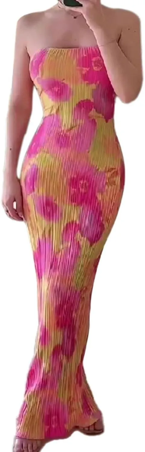 Strapless Tube Top Long Dresses for Women Backless Sleeveless Off Shoulder Bodycon Maxi Bandeau Dress Party Clubwear