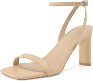 Strappy Heels for Women Block Chunky High Heels Square Toe Ankle Buckle Sandals