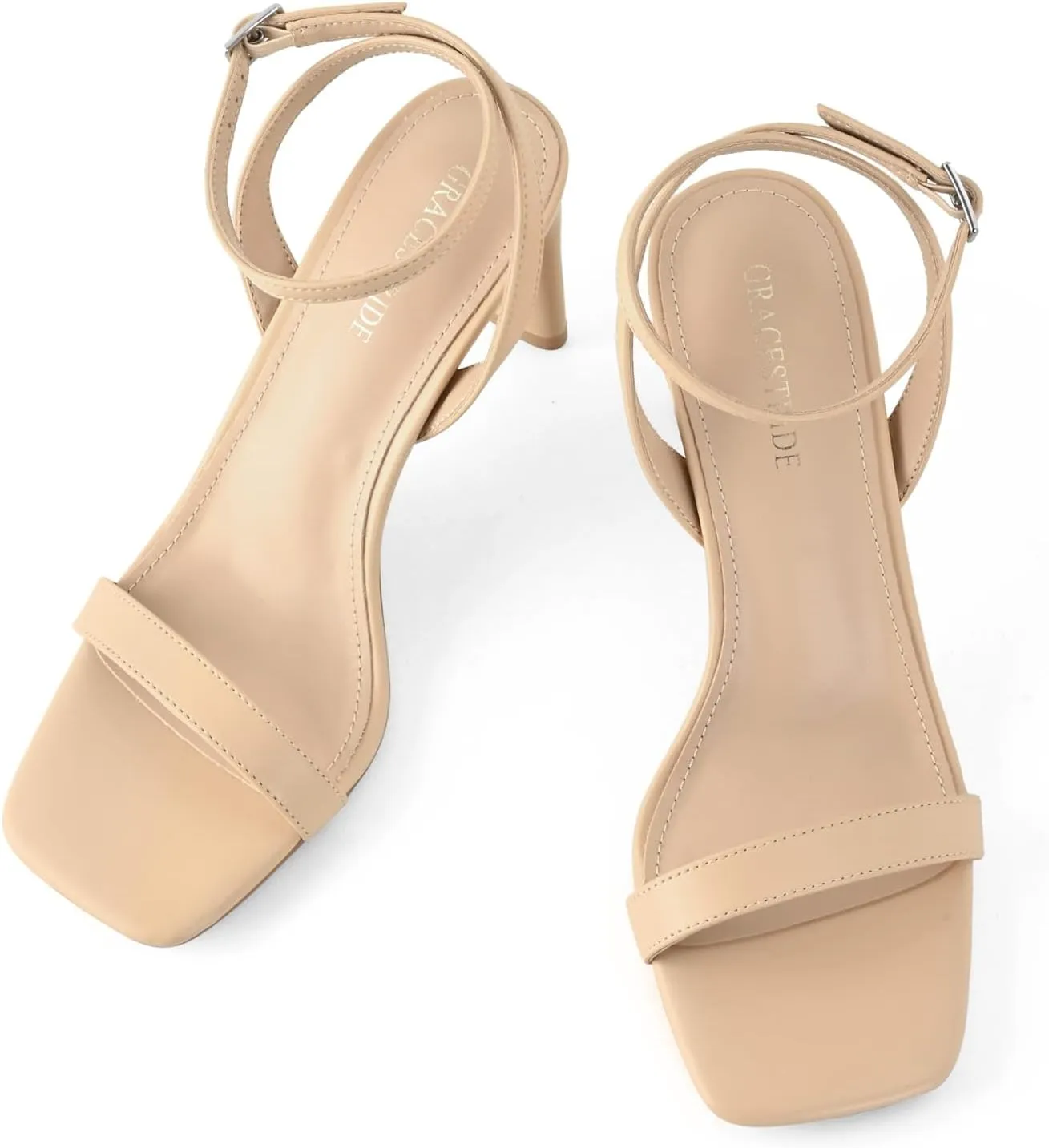 Strappy Heels for Women Block Chunky High Heels Square Toe Ankle Buckle Sandals