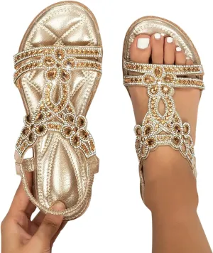 Summer Beach Sandals for Women 2025,Crystal Rhinestone Pearl Flat Sandals for Women Dressy Bling Sparkly Thong Sandals Comfortable T Strap Slip-On Shoes Casual Walking Sandals Strappy Sandals ﻿