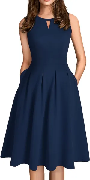 Sureple Women's Retro Sleeveless Swing Casual Work Party Dress with Pockets