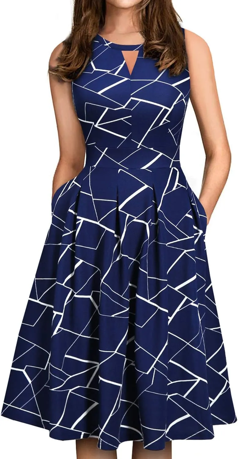 Sureple Women's Retro Sleeveless Swing Casual Work Party Dress with Pockets