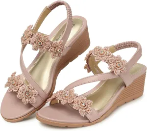 TEMOFON Sandals Women Wedge Dressy: Summer Elastic Ankle Strap Open Toe Size 9 - Comfortable Flower Bohemian Sandals - Low Wedge Dark Pink