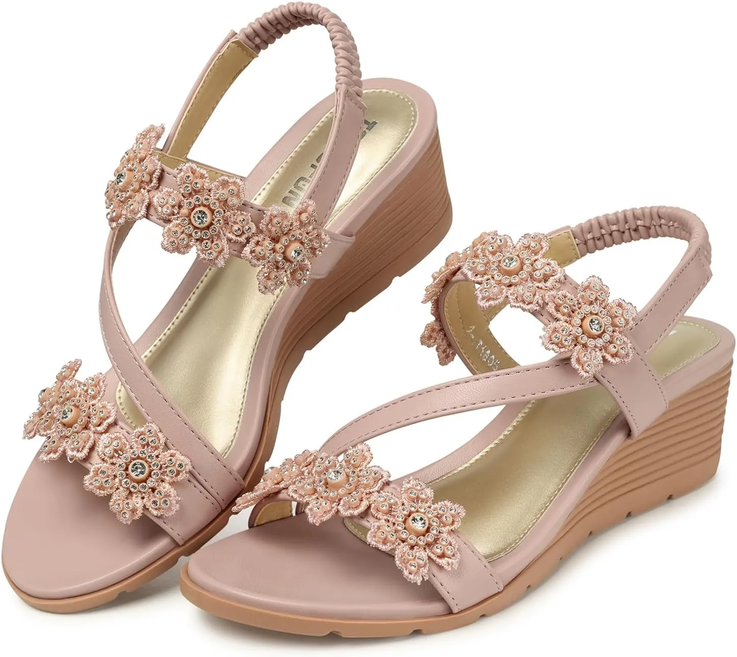 TEMOFON Sandals Women Wedge Dressy: Summer Elastic Ankle Strap Open Toe Size 9 - Comfortable Flower Bohemian Sandals - Low Wedge Dark Pink