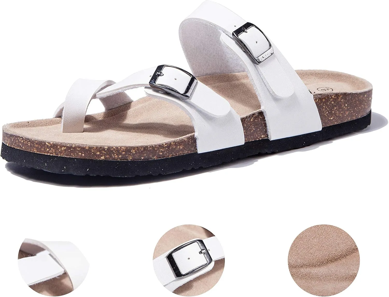 TF STAR Adjustable Sandals, Flat Leather Casual Slippers for Women & Ladies, Flip-Flops Ring Open-Toe Slide Cork Footbed for Teenagers/Girls