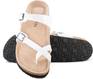 TF STAR Adjustable Sandals, Flat Leather Casual Slippers for Women & Ladies, Flip-Flops Ring Open-Toe Slide Cork Footbed for Teenagers/Girls