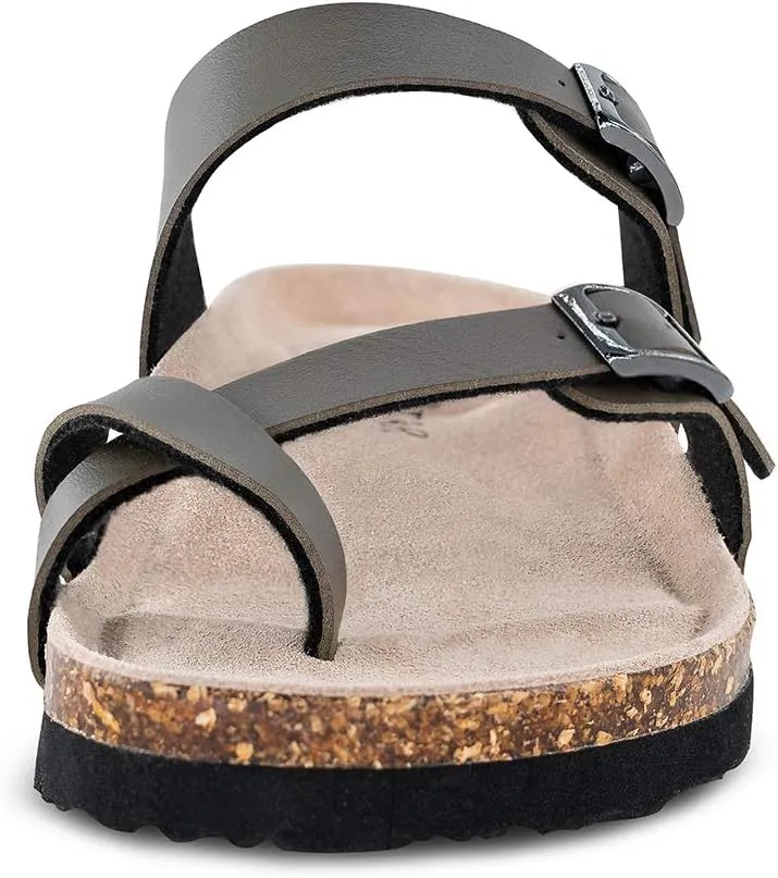 TF STAR Adjustable Sandals, Flat Leather Casual Slippers for Women & Ladies, Flip-Flops Ring Open-Toe Slide Cork Footbed for Teenagers/Girls