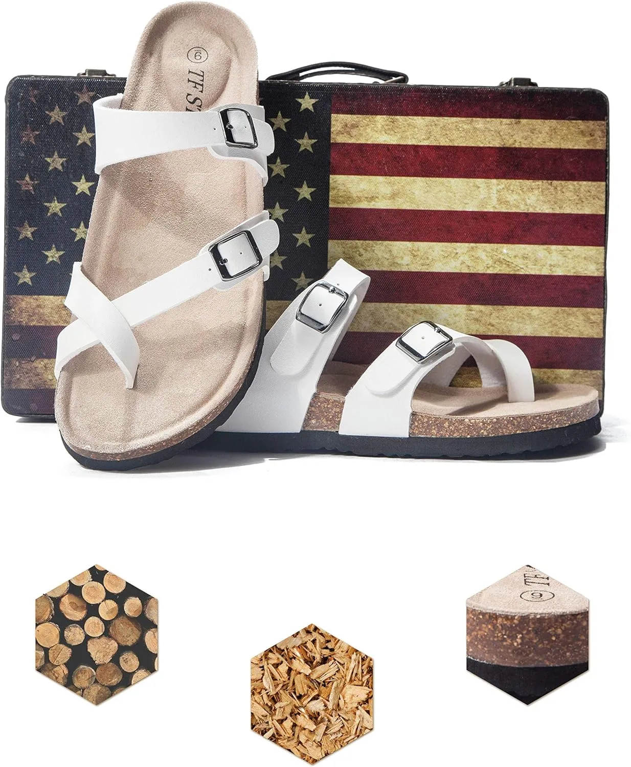 TF STAR Adjustable Sandals, Flat Leather Casual Slippers for Women & Ladies, Flip-Flops Ring Open-Toe Slide Cork Footbed for Teenagers/Girls