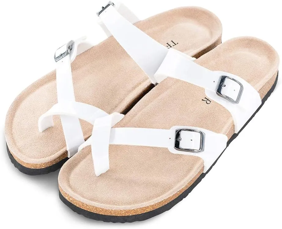 TF STAR Adjustable Sandals, Flat Leather Casual Slippers for Women & Ladies, Flip-Flops Ring Open-Toe Slide Cork Footbed for Teenagers/Girls