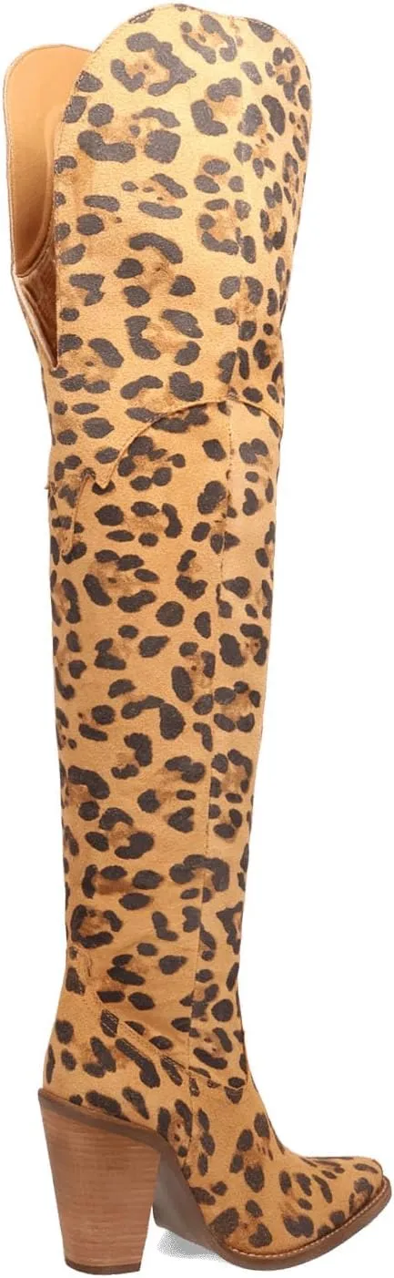 Thigh High Cowboy Boots for Women Leopard Print Pointed Toe Chunky Heel Over The Knee Cowgirl Western Boots whit Side Zipper