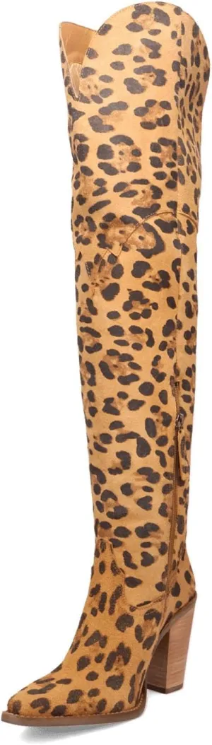 Thigh High Cowboy Boots for Women Leopard Print Pointed Toe Chunky Heel Over The Knee Cowgirl Western Boots whit Side Zipper