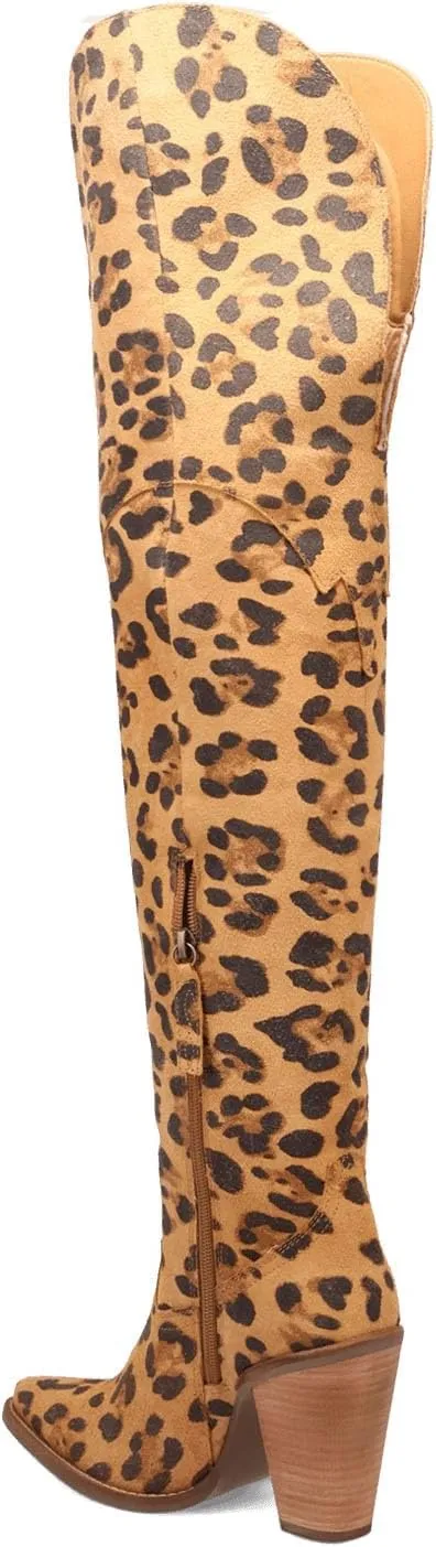 Thigh High Cowboy Boots for Women Leopard Print Pointed Toe Chunky Heel Over The Knee Cowgirl Western Boots whit Side Zipper